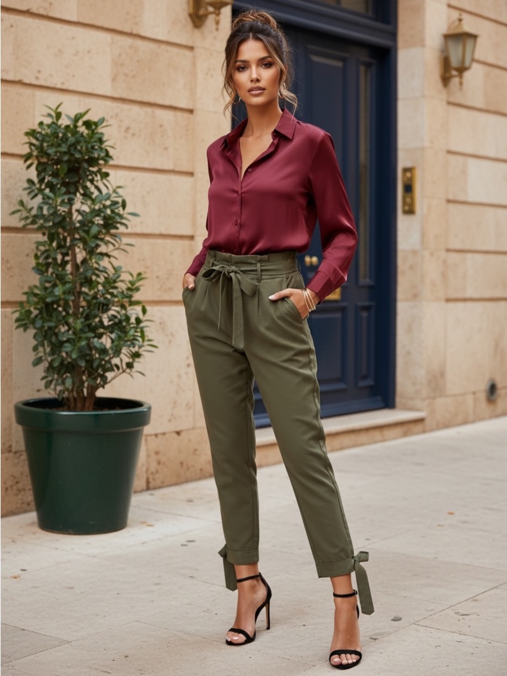 Tie-Waist Ankle Pants in Olive